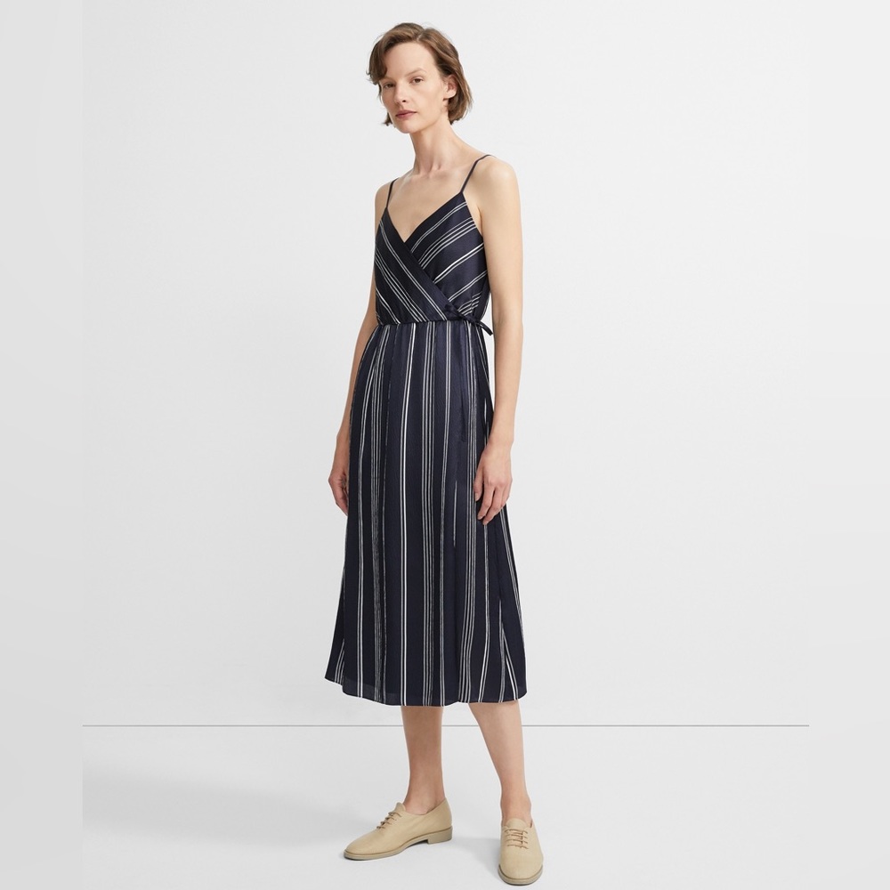 Theory Hammered Stripe Spaghetti Wrap Dress Size 8 Navy Midi